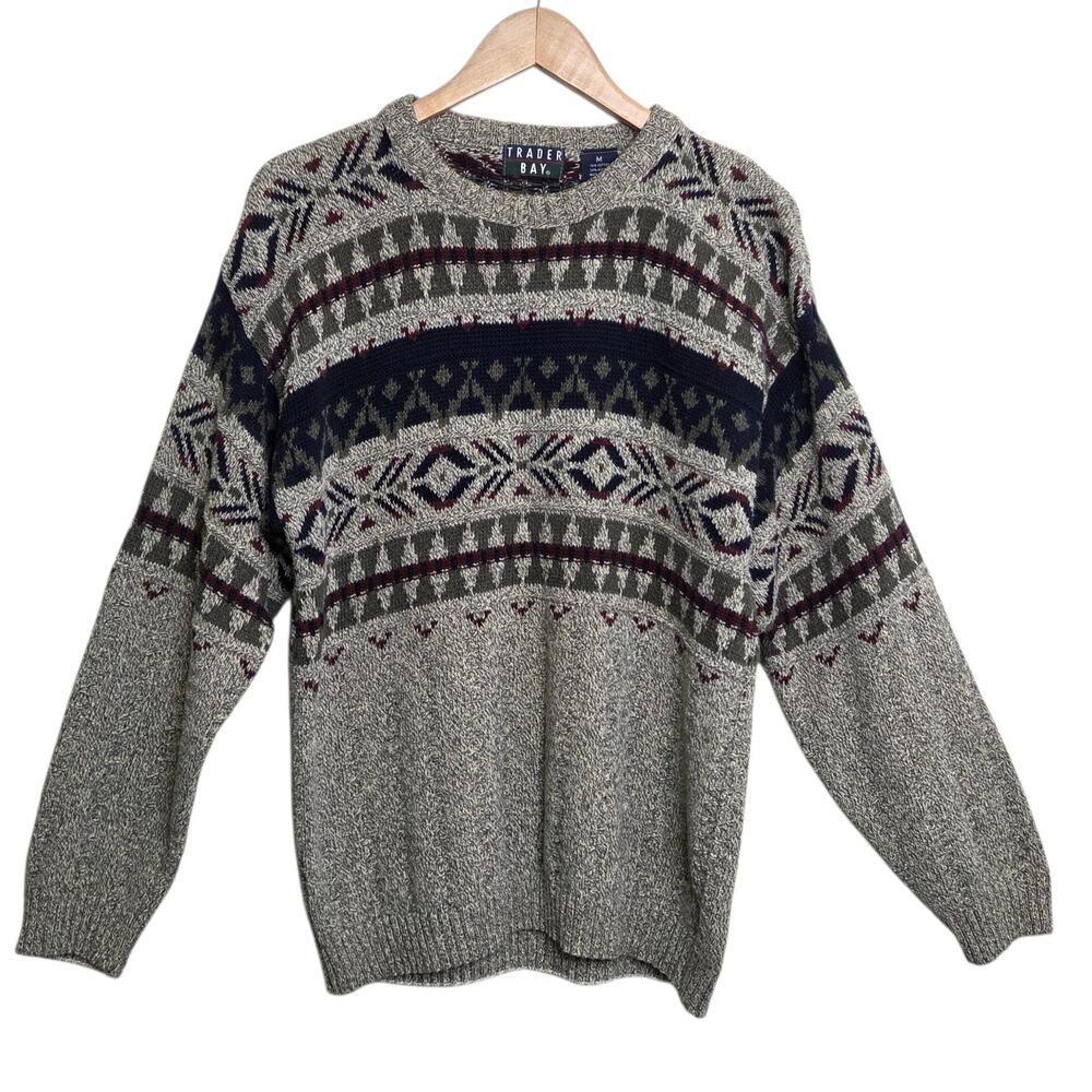 VTG 90s Trader Bay Gray Fair Isle Sweater Pullover Mens SZ M Grandpa Winter‎ USA